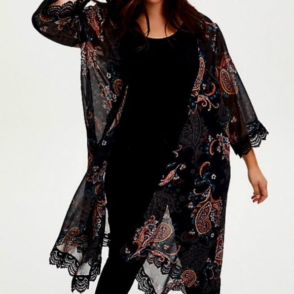 torrid Tops - 0X Torrid Black Paisley Chiffon & Crochet Kimono